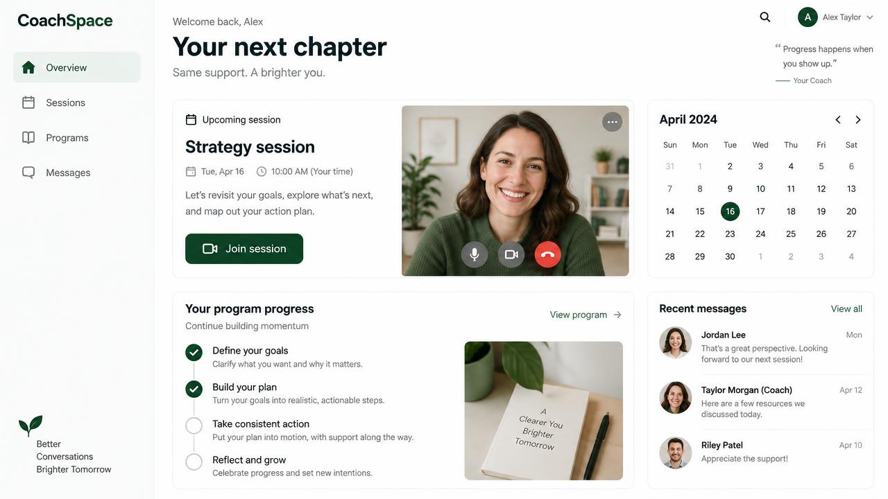 CoachSpace client portal showing an upcoming session, program progress and recent messages