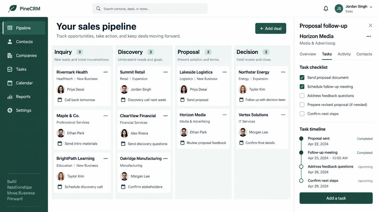 PineCRM sales pipeline board with deals across Inquiry, Discovery, Proposal and Decision stages