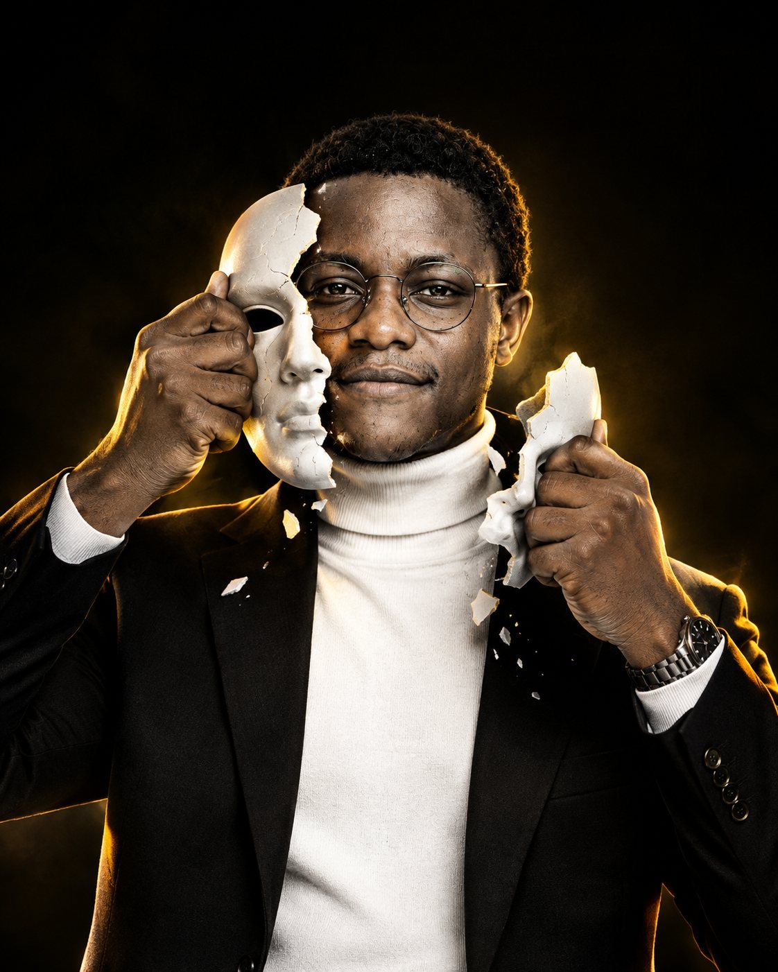 Portrait of Emmanuel Ayomide in round glasses, a dark blazer and a white turtleneck, lifting away half of a cracked white porcelain mask against a dark background with warm gold backlight